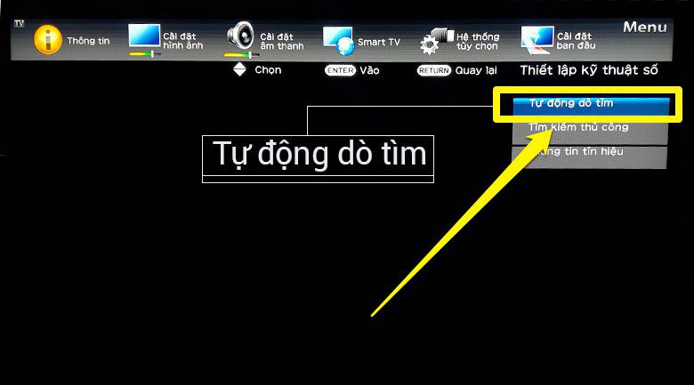 Chọn mục Tự động dò tìm để dò kênh cho tivi Sharp Aquos