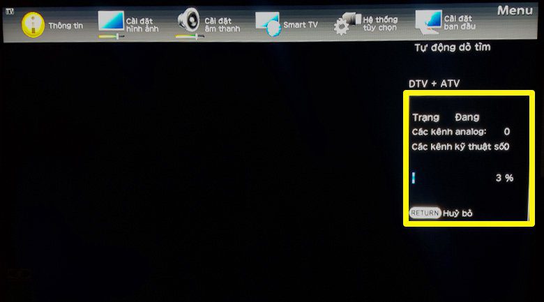 tivi Sharp đang tiến hành dò kênh tự động