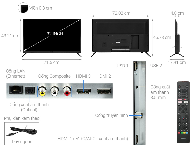 Kích thước tivi Sharp 32 inch