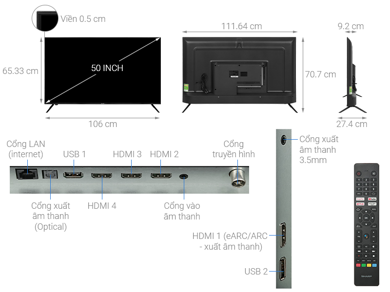 Kích thước tivi Sharp 50 inch 4K