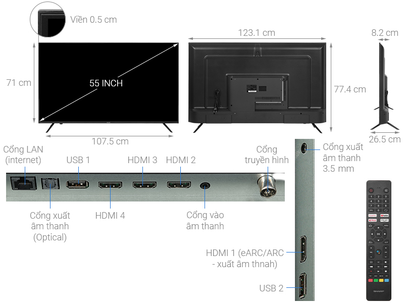 Kích thước tivi Sharp 55 inch