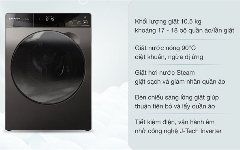 Máy giặt Sharp 10kg cửa ngang thiết kế cửa lấy quần áo ở phía trước, tiết kiệm điện