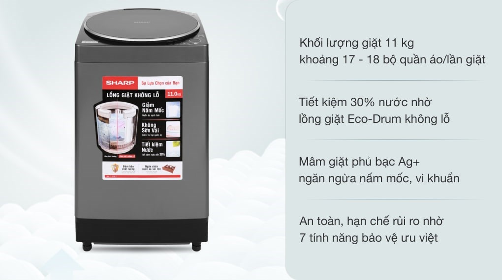 Máy giặt Sharp 11kg có khối lượng giặt tối đa 11kg quần áo khô