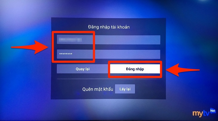 Nhập thông tin đăng nhập trên ứng dụng MyTV